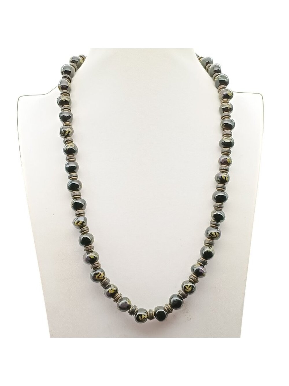Vintage Floral Decorated Glass Beaded Pendant Necklace Hand Painted Tribal Estat